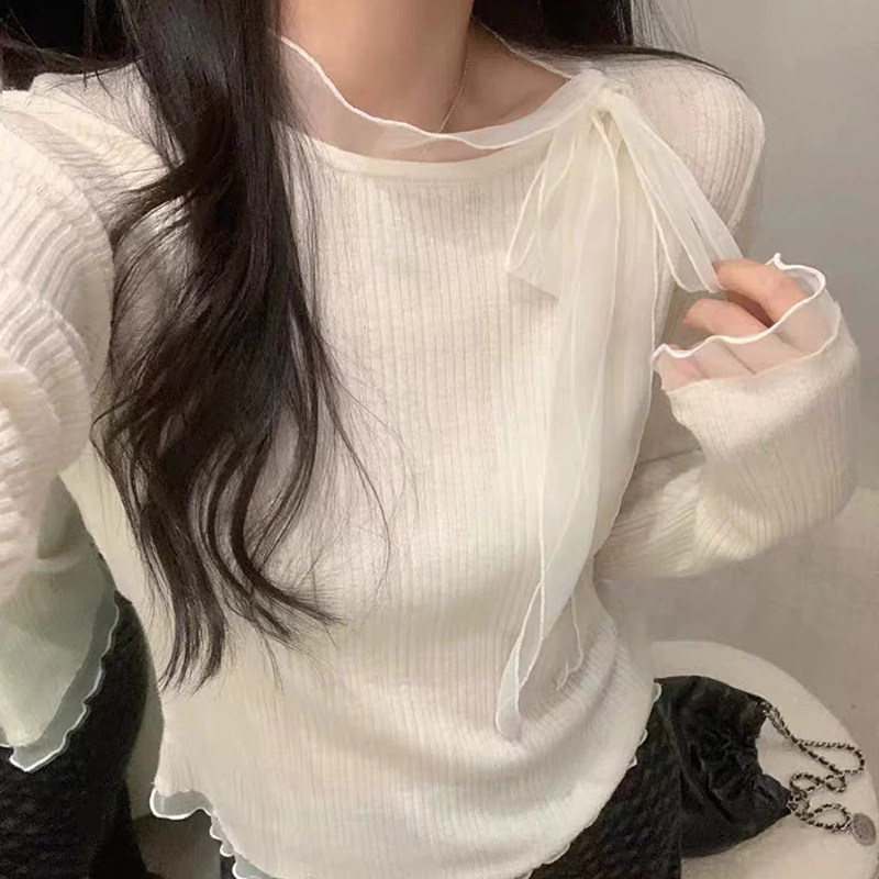 韩系白色系带蕾丝针织衫女秋冬绝美巨好看修身内搭打底衫气质上衣