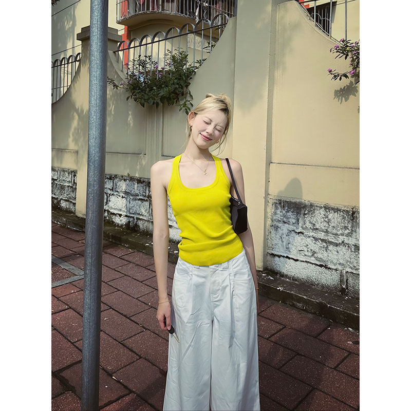 黄色挂脖针织吊带背心女夏季辣妹无袖外穿内搭打底短款多巴胺上衣