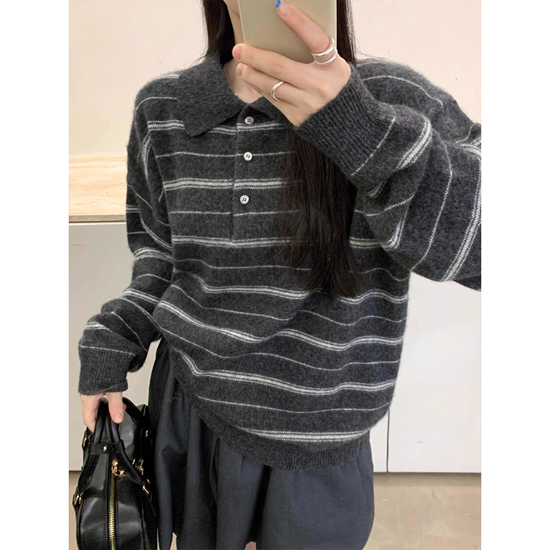 复古条纹polo领针织毛衣宽松上衣