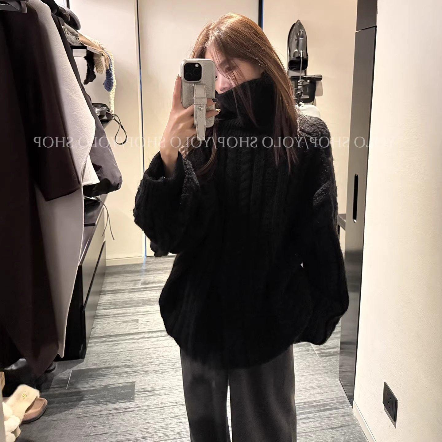 韩系黑色粗线加厚高领毛衣女秋冬季穿搭慵懒风宽松针织衫内搭上衣