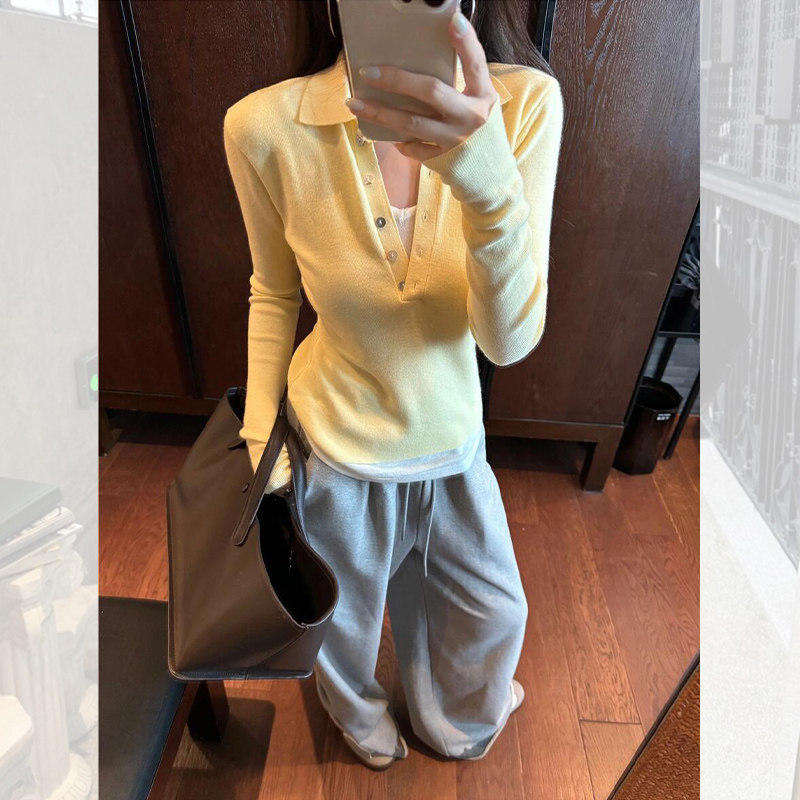 黄色假两件polo领长袖t恤女秋老钱风穿搭修身内搭打底针织衫上衣