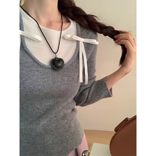 灰色miu系假两件针织打底衫女秋冬蝴蝶结小香风毛衣内搭修身上衣