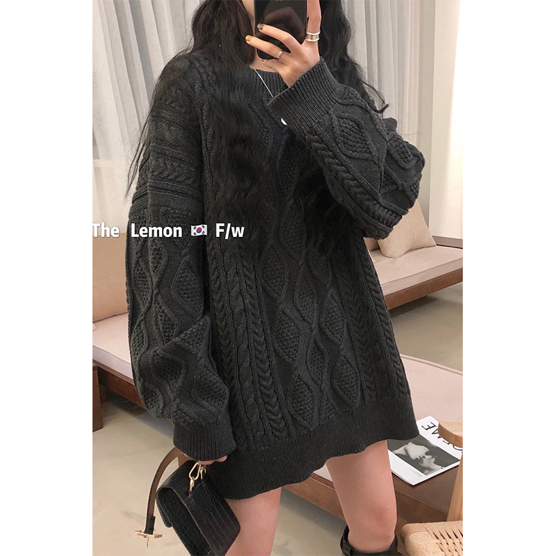韩系复古高级感深灰色毛衣女秋冬宽松外穿慵懒风气质麻花羊毛上衣