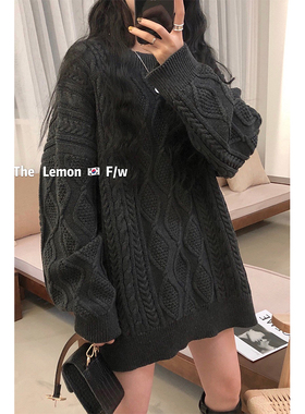 韩系复古高级感深灰色毛衣女秋冬宽松外穿慵懒风气质麻花羊毛上衣
