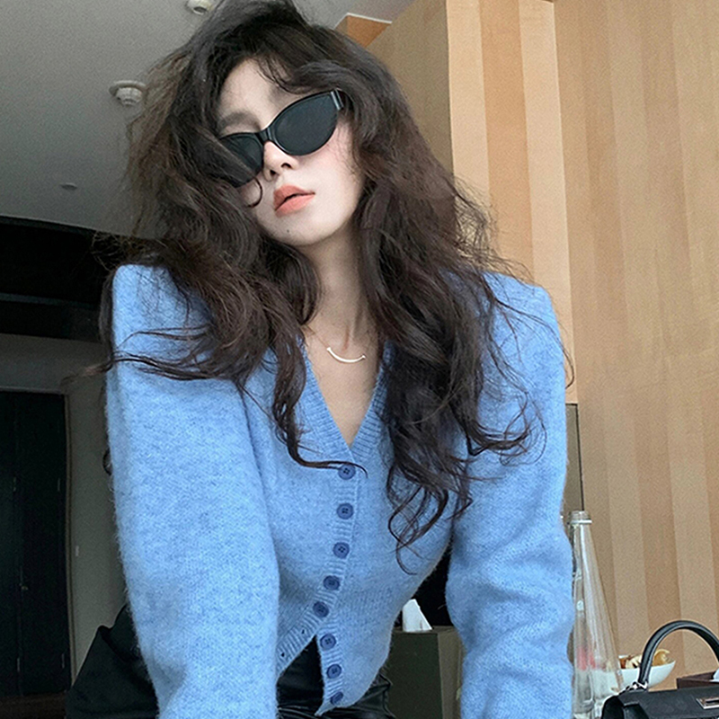 美式正肩v领短毛衣外套针织开衫