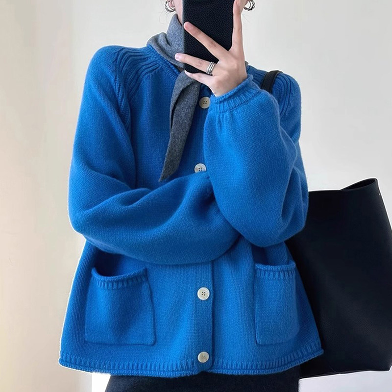 法式复古克莱因蓝毛衣外套女秋冬高级感慵懒宽松针织开衫加厚上衣