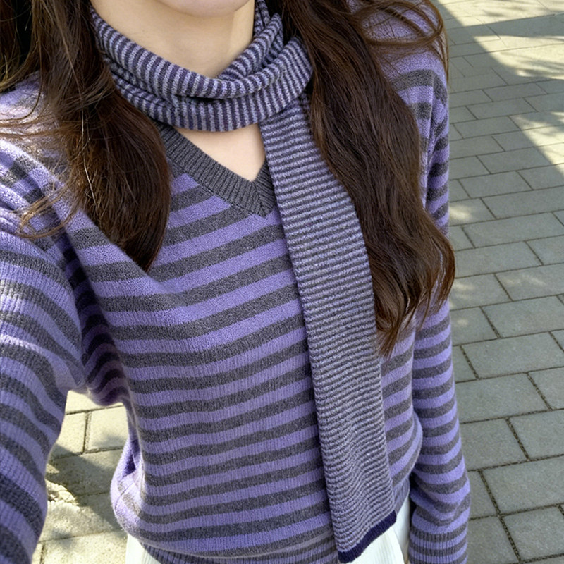 浣熊绒紫色条纹v领毛衣针织衫厚