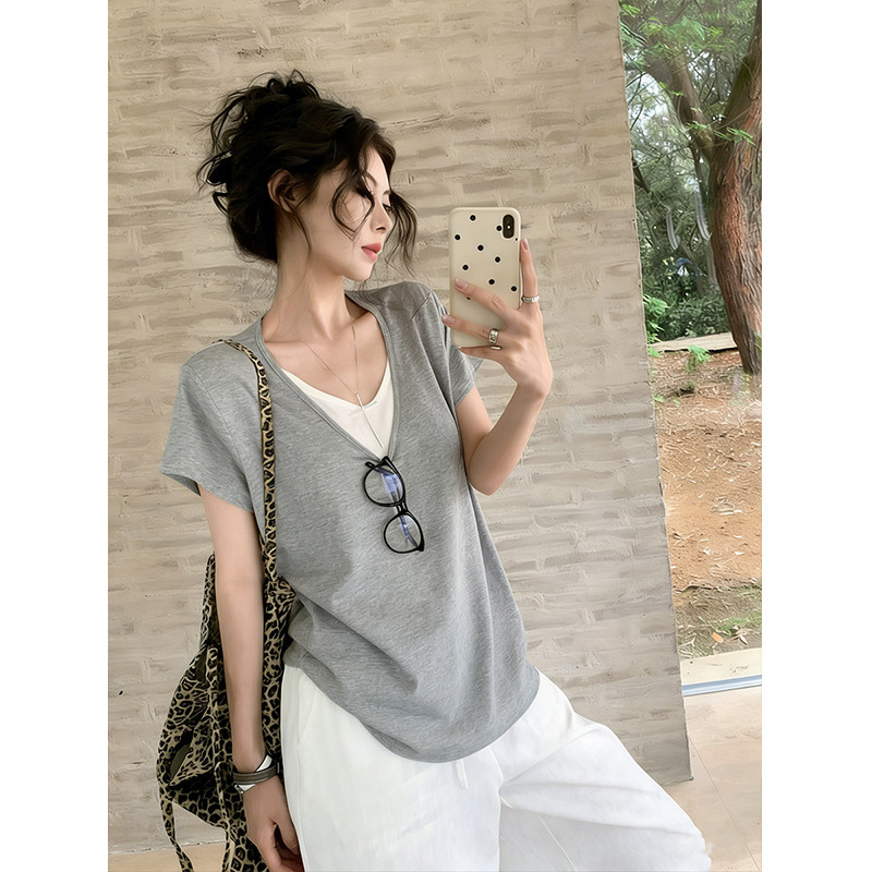 韩系白色叠穿假两件v领短袖t恤女夏季慵懒风宽松正肩半袖体恤上衣