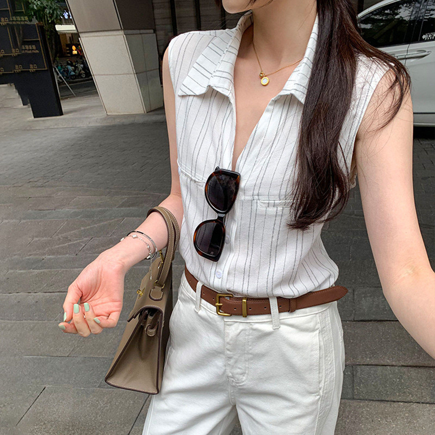 法式高级感条纹亚麻翻领无袖衬衫
