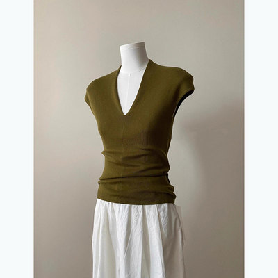 法式牛油果绿v领短袖针织T恤女
