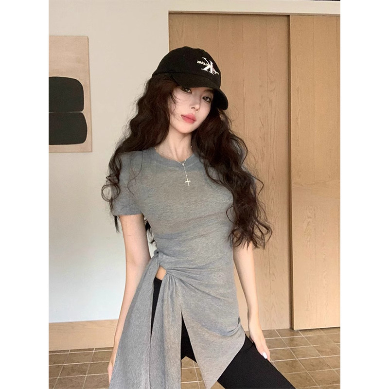 灰色不规则开叉绑带短袖t恤女夏季设计感正肩修身显瘦体恤衫上衣