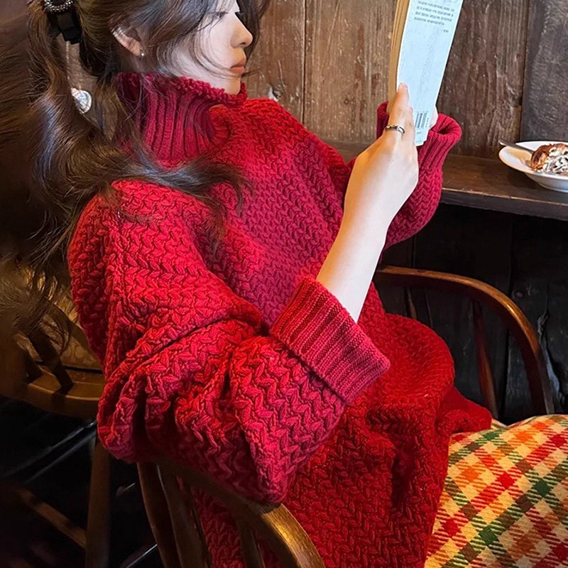 韩系红色粗针高领厚毛衣女秋冬氛围感穿搭慵懒宽松针织衫内搭上衣