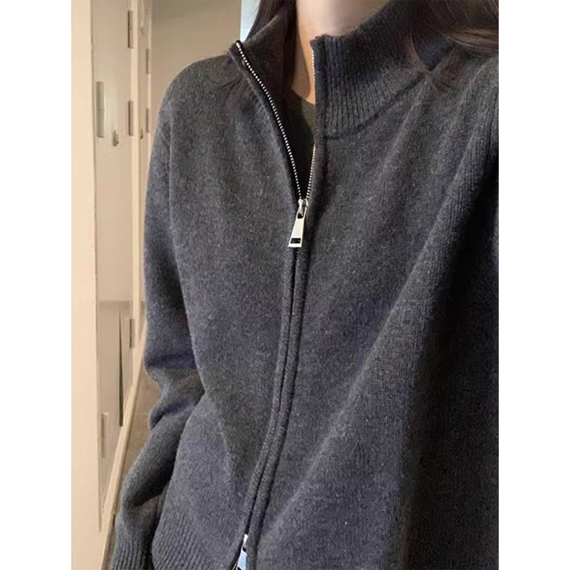 美式灰色双拉链针织开衫女秋冬老钱风穿搭宽松立领毛衣外套上衣厚