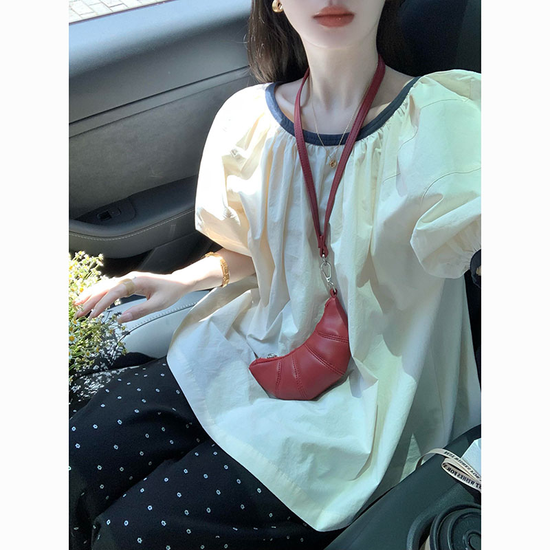 法式圆领泡泡袖上衣女