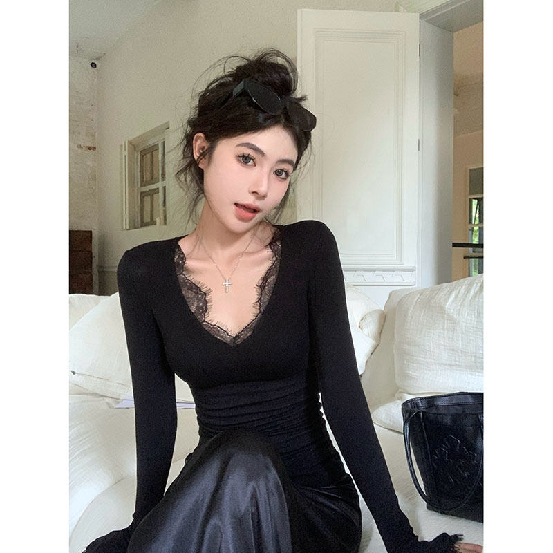 法式蕾丝v领长袖针织t恤女早秋季薄款修身显瘦外穿内搭打底衫上衣