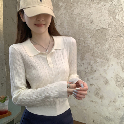 美式麻花polo领针织衫修身短上衣