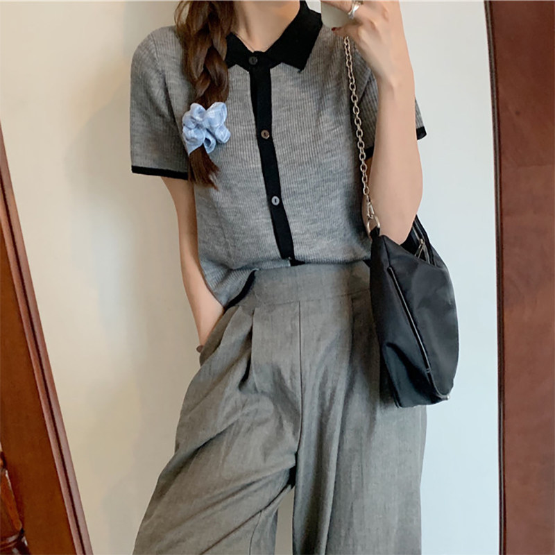 夏季拼色短袖冰丝polo领上衣女薄款bm风显瘦复古百搭针织开衫T恤