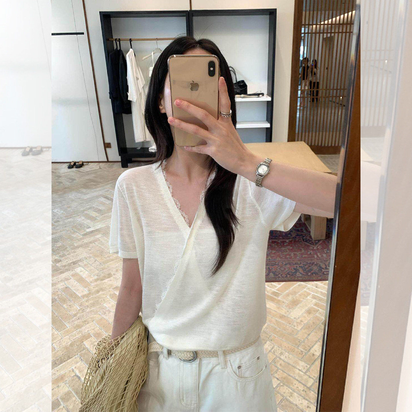 交叉v领蕾丝短袖t恤设计感上衣薄
