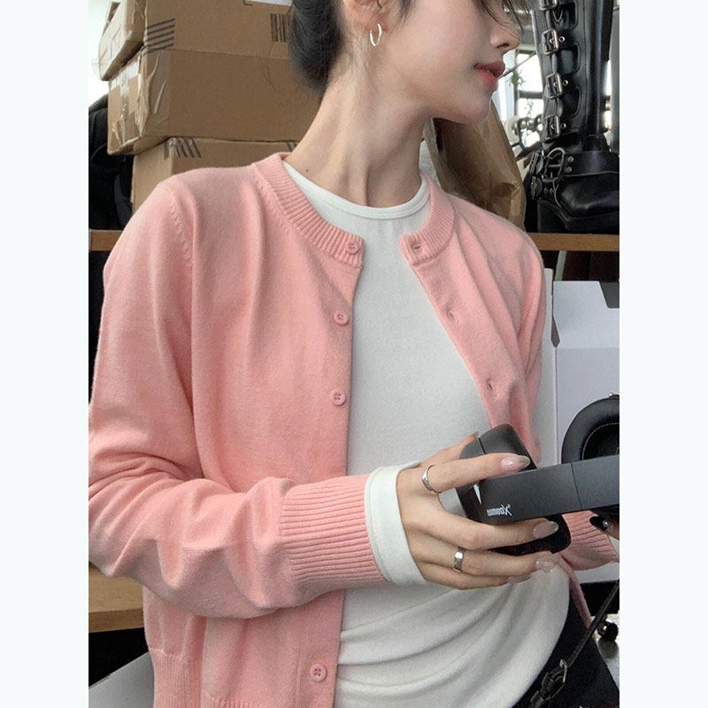 韩版粉色圆领长袖针织开衫女