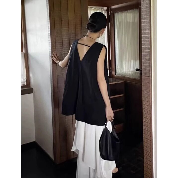 气质黑色露背亚麻吊带背心女夏外穿中长款宽松无袖娃娃衫小资上衣