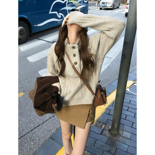 韩系立领套头麻花毛衣女秋冬慵懒高级感宽松软糯针织衫外穿上衣厚