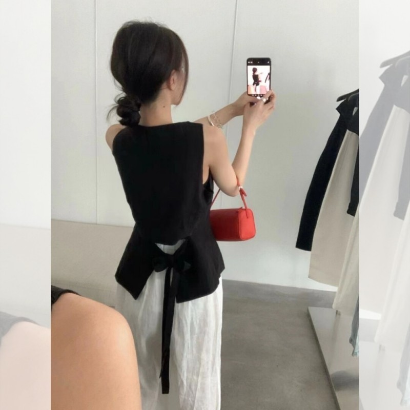 法式黑色v领小西装背心女夏外穿设计感绑带收腰无袖马甲小资上衣