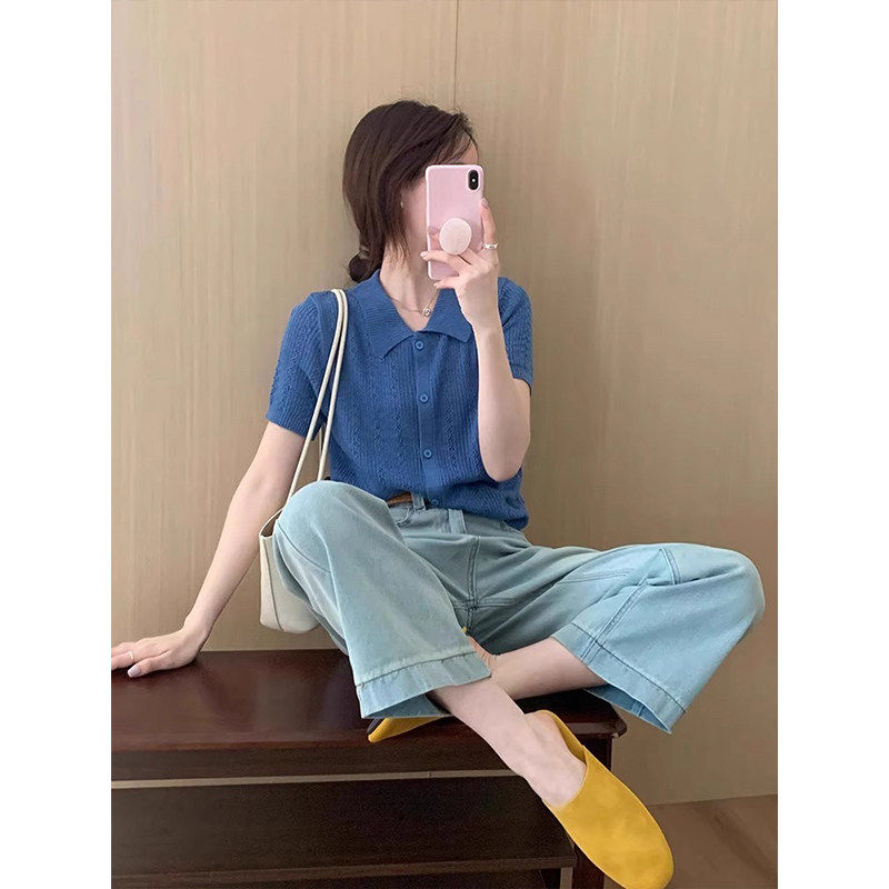 法式蓝色polo翻领针织开衫短袖女夏季小资穿搭宽松冰丝t恤短上衣