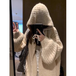 欧货米色连帽毛衣开衫女冬季慵懒宽松中长款针织外套羊毛帽衫上衣