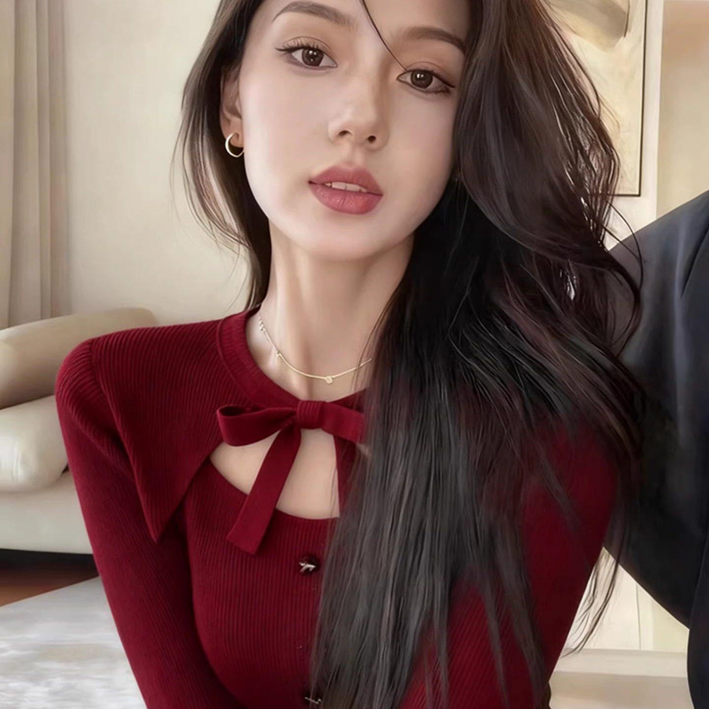 小香风红色蝴蝶结针织衫女秋冬绝美巨好看修身内搭打底衫毛衣上衣