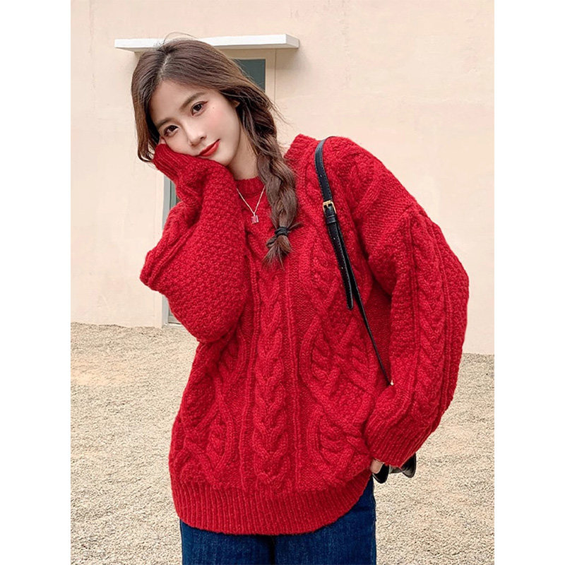 圣诞穿搭红色麻花毛衣女秋冬高级感宽松慵懒风圆领套头针织衫上衣