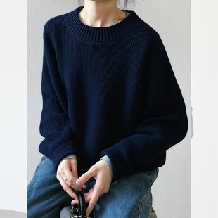 欧货藏蓝色简约圆领毛衣女秋冬穿搭高级感宽松套头针织衫内搭上衣