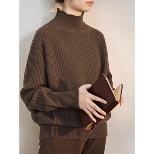 复古棕色半高领套头毛衣女秋冬美拉德慵懒宽松针织衫内搭上衣加厚