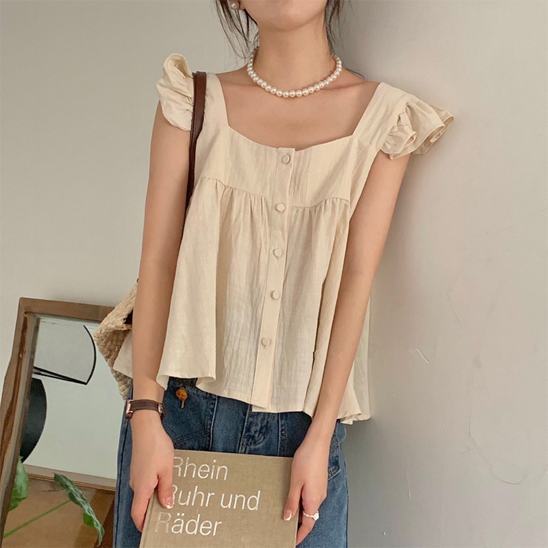 夏季新款小飞袖木耳边宽松吊带背心女设计感小众无袖上衣别致衬衣