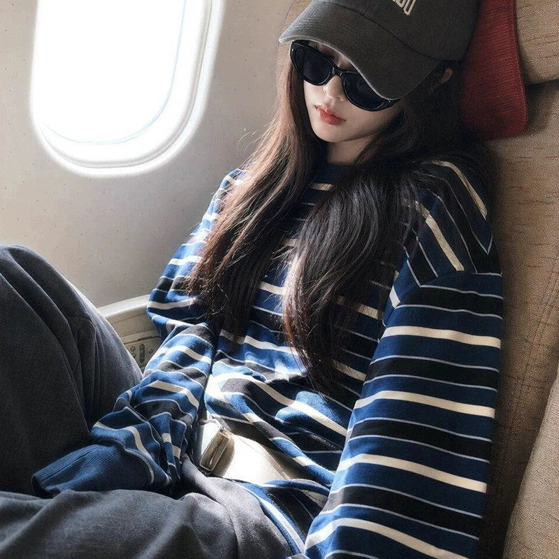 复古条纹长袖卫衣t恤单穿上衣女