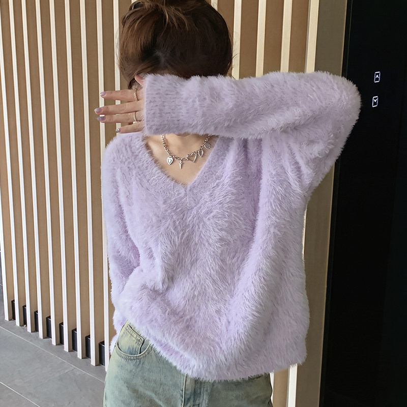 水貂绒v领毛衣宽松软糯针织衫厚