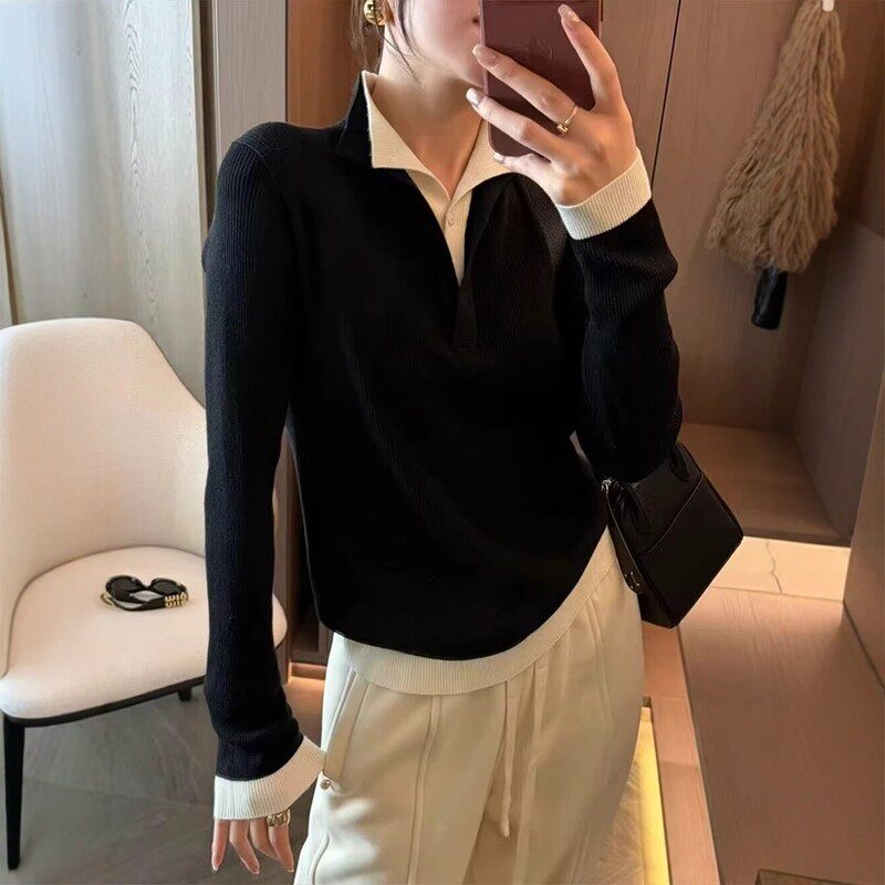 高级感黑色v领假两件针织衫女秋冬老钱风内搭打底衫毛衣立领上衣