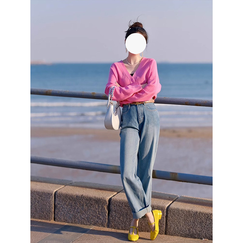 法式树莓粉V领针织开衫女春季小个子宽松薄款外套高级感外搭上衣