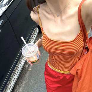 美式辣妹橘色条纹小吊带背心女夏季海边穿搭内搭修身无袖美背上衣