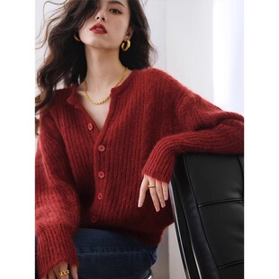 法式复古高级感超好看红色毛衣女秋冬宽松软糯圆领针织衫外套上衣
