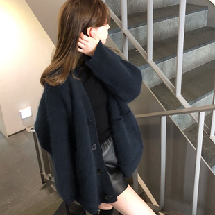 秋冬季新款水貂绒针织开衫女韩版宽松中长款外穿气质毛衣外套加厚