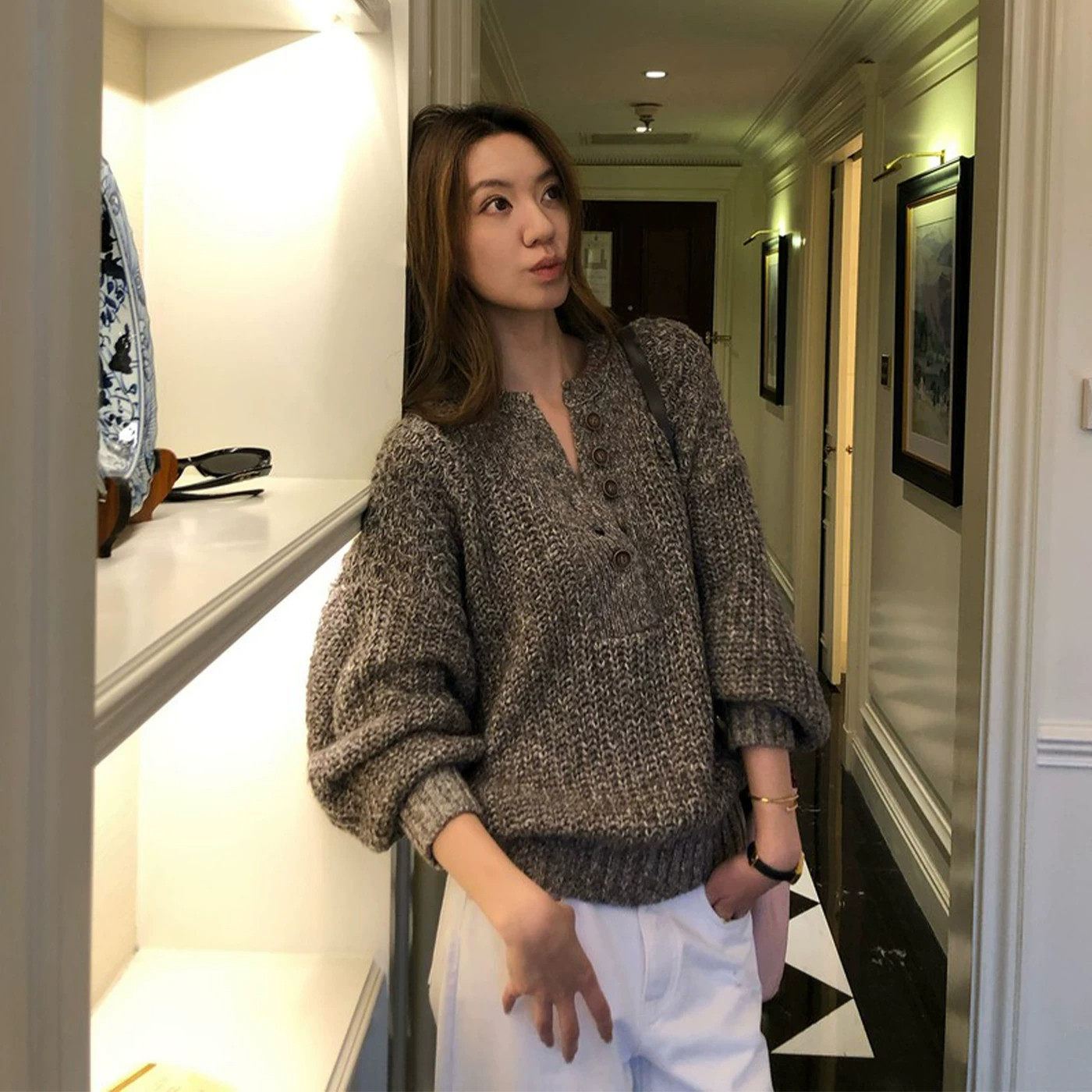 老钱风亨利领灯笼袖针织衫女秋季