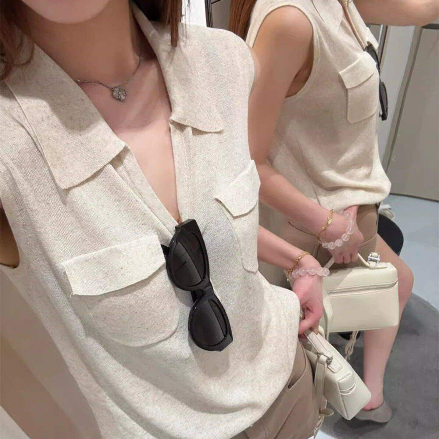 老钱风冰丝亚麻polo领针织背心女夏季外穿松弛感宽松无袖t恤上衣
