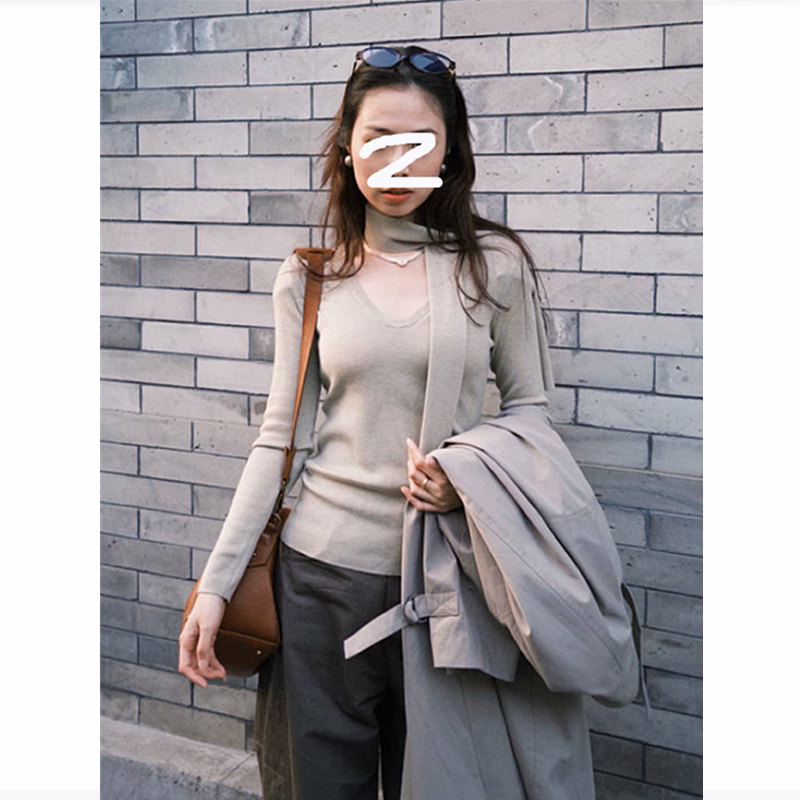 挂脖飘带针织衫修身打底毛衣上衣