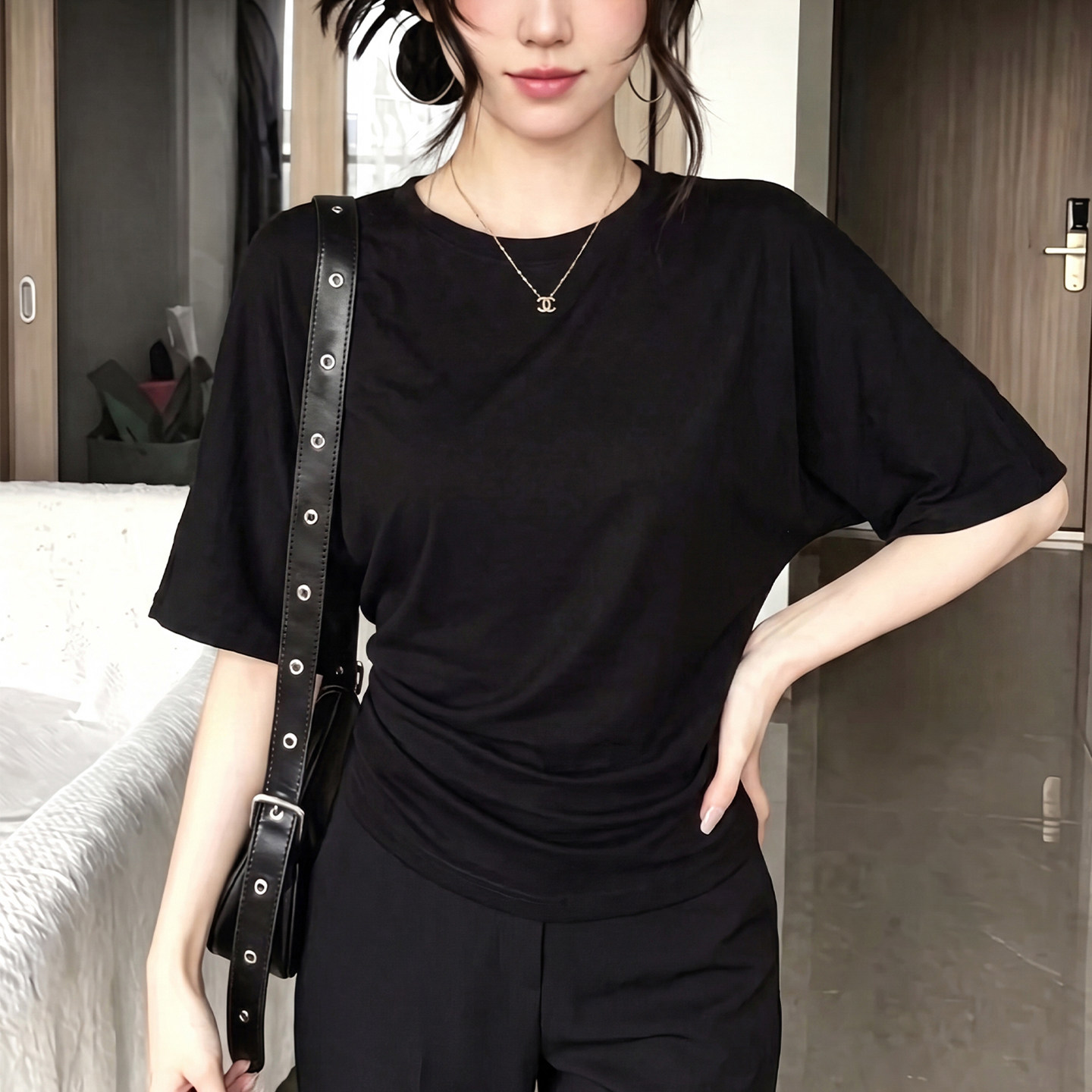 松弛感蝙蝠袖t恤设计感收腰上衣