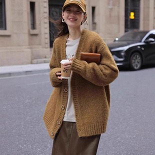 法式咖色浣熊绒针织开衫女秋冬高级感欧美范慵懒宽松毛衣外套上衣