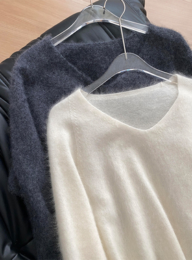 温柔白色v领马海毛衣女秋冬可外穿内搭氛围感软糯针织羊绒衫上衣