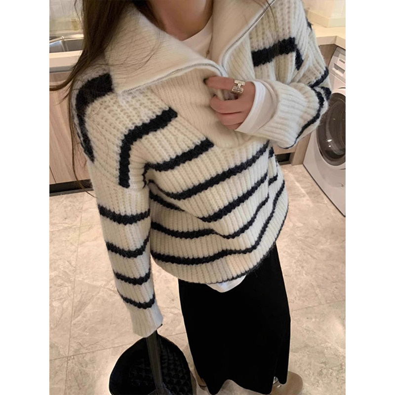 韩系条纹半拉链翻领毛衣女冬季慵懒风宽松加厚针织羊毛衫高领上衣