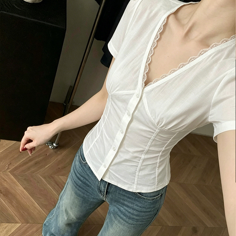 法式蕾丝v领短袖衬衫修身小上衣