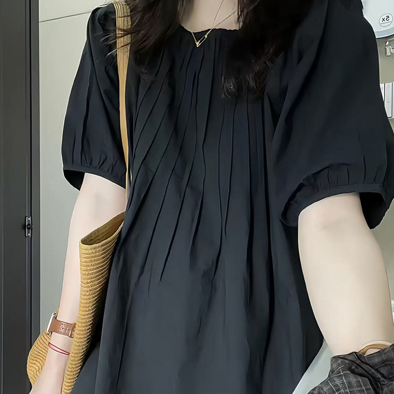 法式褶皱亚麻短袖衬衫宽松娃娃衫