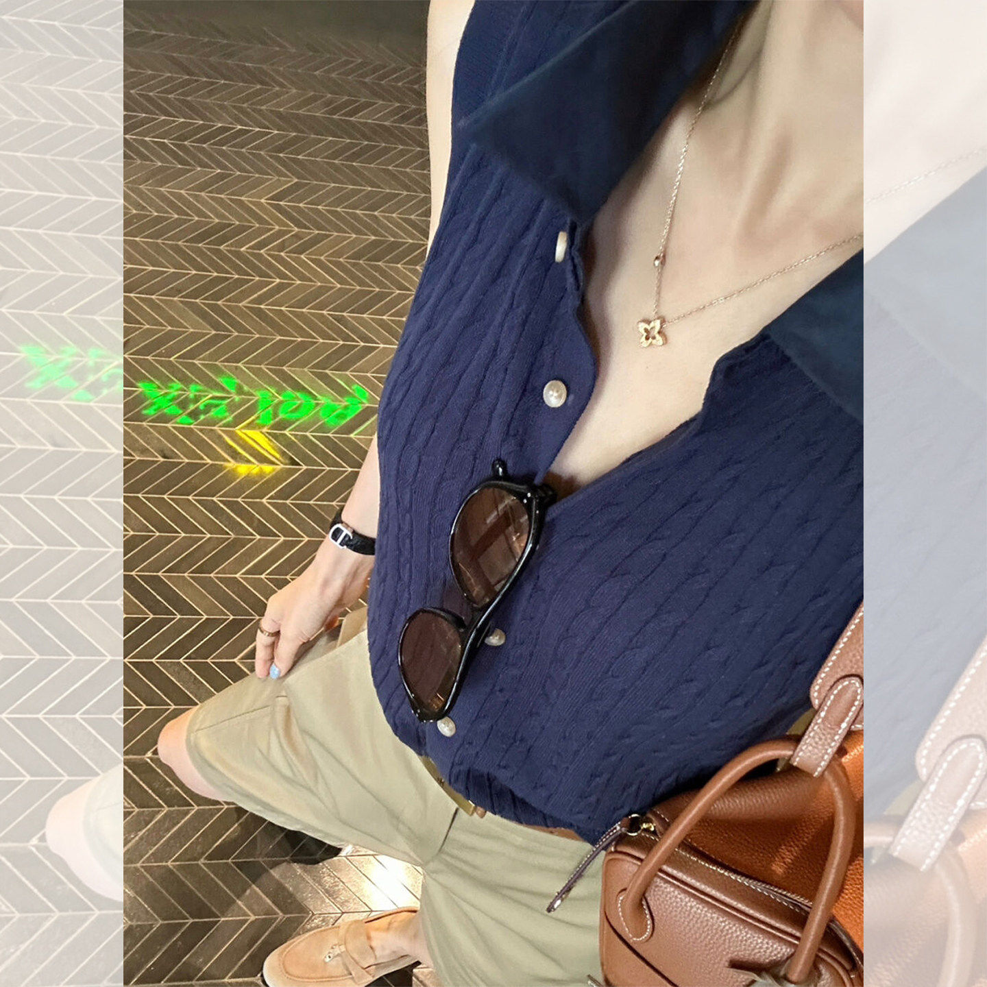 藏青色polo领麻花针织背心开衫女夏季老钱风气质修身外穿无袖上衣